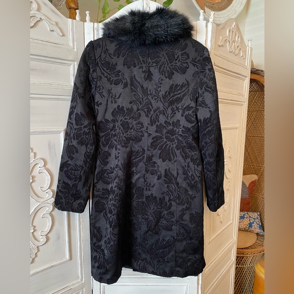Vtg Y2K Black Coat Tapestry Brocade Faux Fur Goth Merona Pockets Punk Holiday S - Picture 8 of 12